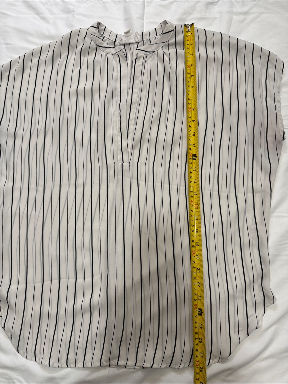 White Black-Striped V-Neck Short Sleeve Blouse - Picture 6 of 6